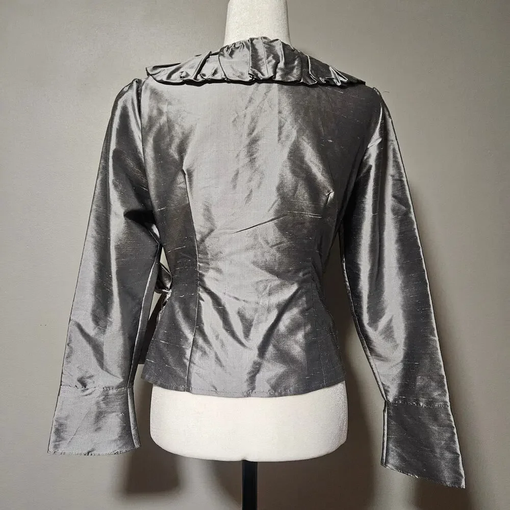 Sunny Taylor Silk Wrap Top Blouse Gray Size‎ 6 Long Sleeve Ruffle Tie